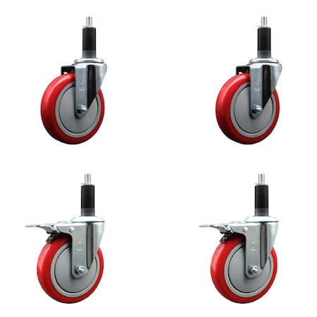 Service Caster 5'' Red Poly Swivel 1-1/8'' Expanding Stem Caster Set 2 Total Lock Brakes, 4PK SCC-EXTTL20S514-PPUB-RED-2-S-2-118